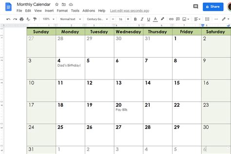 Editable Calendar Google Docs